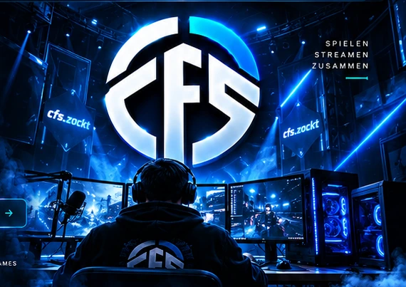 Gaming Setup mit CFS Logo und blauem Neon-Licht